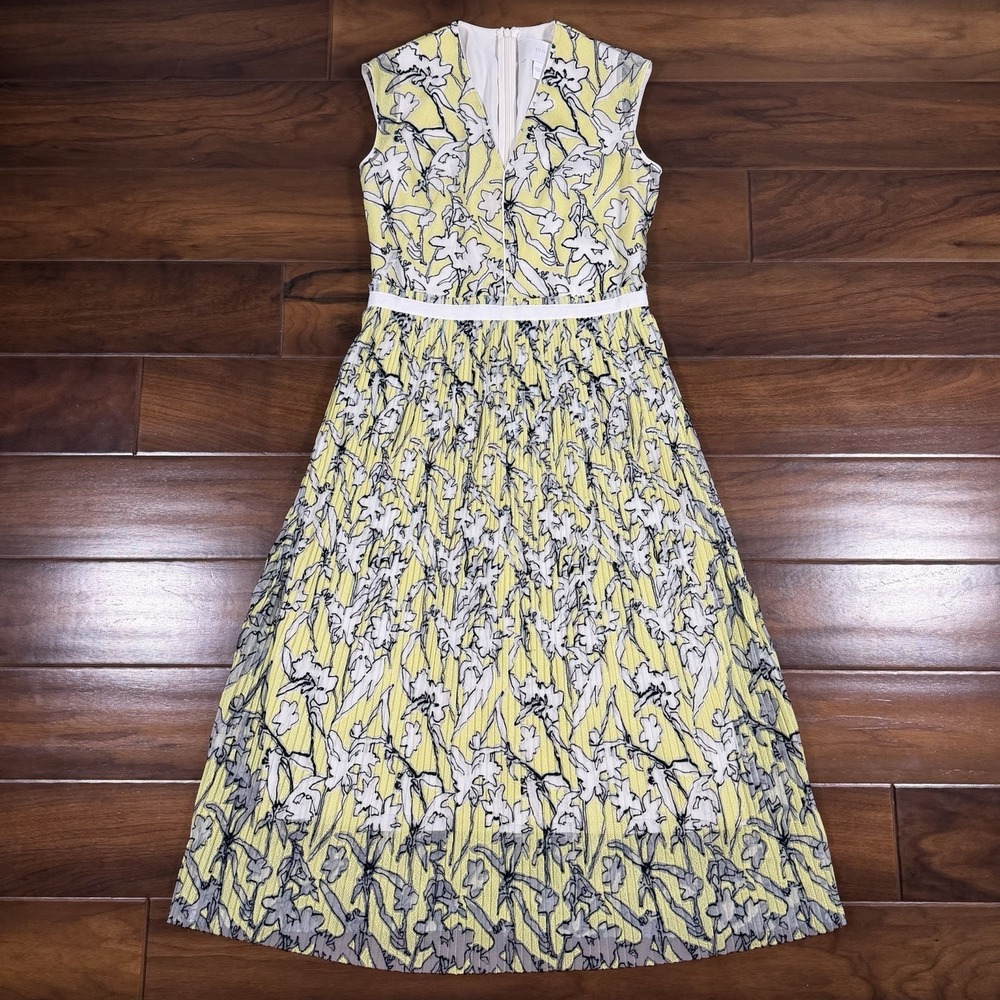 Hugo Boss Women's Size US 4 Yellow Floral Damune Mesh Midi Dress Sleeveless